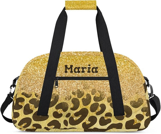 Personalized Kids Sports Duffel Bag with Name Custom Weekender Overnight Bag for Boys Girls Gym Bag Travel Dance Gymnastics Duffel Bag, Golden Glitter Leopard Print