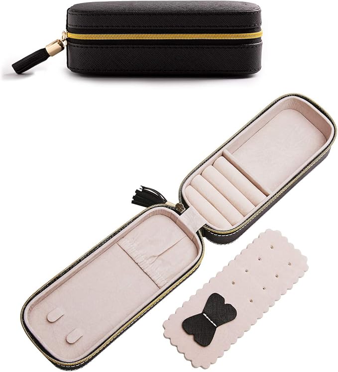 BONNY DODO Small Travel Jewelry Organizers Box for women with PU Leather Portable Mini Jewelry Case with compartments for Necklace Rings Earrings,Luxury Giftable boxes.(Black, S)