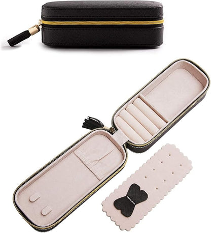 BONNY DODO Small Travel Jewelry Organizers Box for women with PU Leather Portable Mini Jewelry Case with compartments for Necklace Rings Earrings,Luxury Giftable boxes.(Black, S)