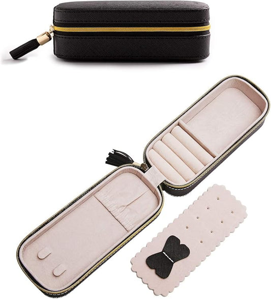 BONNY DODO Small Travel Jewelry Organizers Box for women with PU Leather Portable Mini Jewelry Case with compartments for Necklace Rings Earrings,Luxury Giftable boxes.(Black, S)