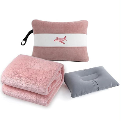 Melissa Large Travel Blanket and Inflatable Pillow Set - 69“ x 43.3” – Soft Blanket with Carry Bag – Lightweight, Compact & Washable for Backpacking, Hiking, Airplane, Car, Office, Camping (Pink)