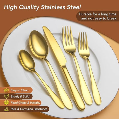 40 Piece Gold Silverware Set Service for 8, EIUBUIE Premium Stainless Steel Gold flatware Cutlery Sets, Mirror Polished Modern Kitchen Eating Utensils Sets Include Spoons Forks Knives