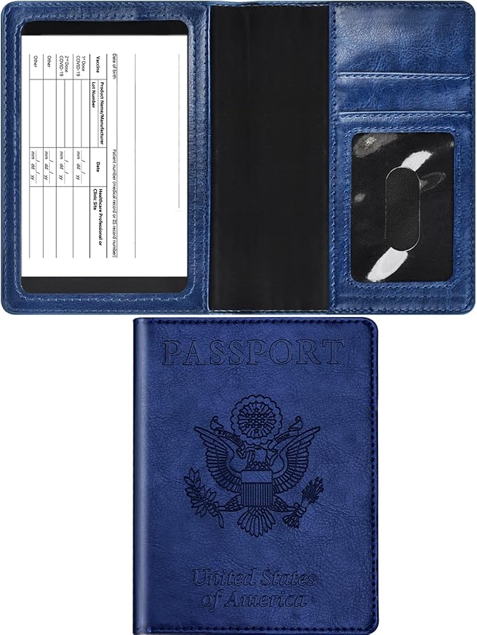 Real Leather Wallet RFID Family Passport Holder Waterproof Travel Black (Blue)
