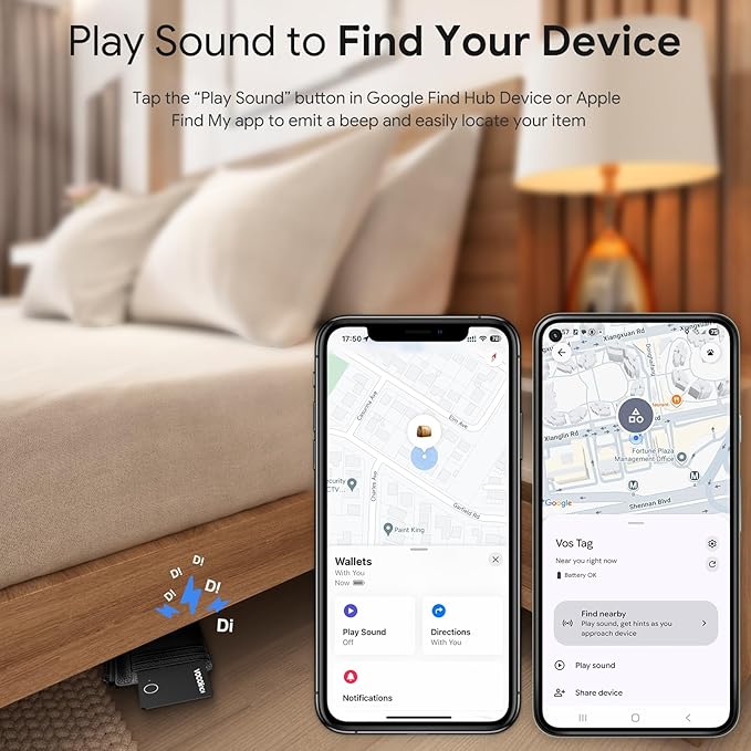 VOCOlinc Dual System Air Card Tag Pro 1 Pack, Rechargeable Wallet Tracker Item Finder Work with Android Google Find Hub or iOS Apple Find My APP (Huawei not Supported), Smart Locator for Luggage, Bags