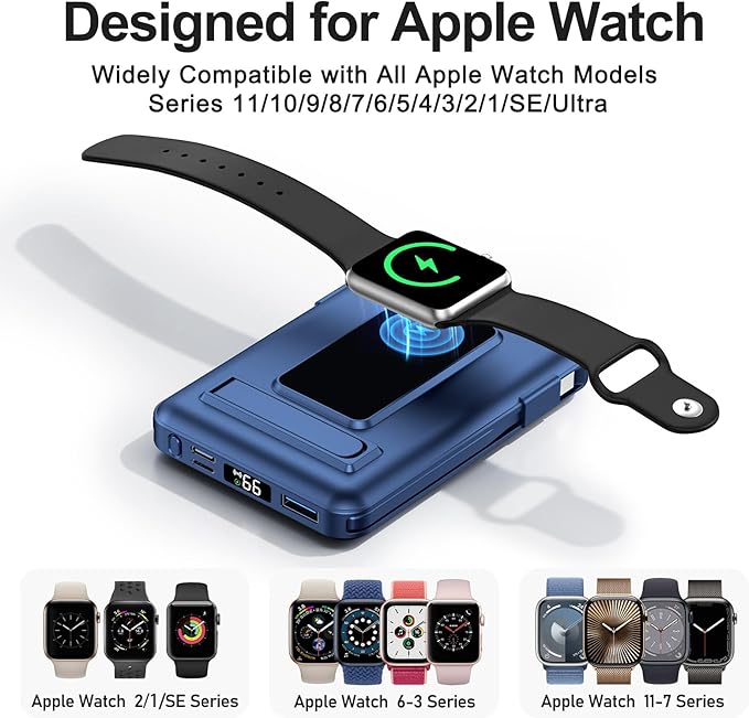 Vexnara for Magsafe Battery Pack, 10000mAh Power Bank for iPhone with Built-in Cables, 20W Fast Charging Magnetic Wireless Portable Charger with Stand for iPhone 17/16/15/14/13/12/Apple Watch Series