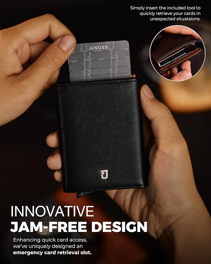 Jenoss Smart Wallet For Men: Full Grain Leather, Handcrafted, Silver Metal Pop Up Case, Slim RFID Blocking Credit Card Holder, Minimalist Compact 12 Cards Slot Organizers ID Money Clip (Black & Brown)