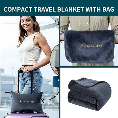K.Garden Travel Cooling Blanket and Pillow- Soft 2 in 1 Airplane Compact Flight Essentials Car Pillow Travelers Gifts Accessories Compact Pack Blanket for Any Travel with Luggage Backpack Strap Grey