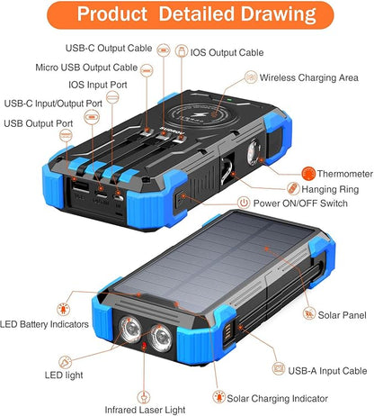 Solar Charger Power Bank, 42800mAh Wireless Portable Charger with USB-C in/Output, QC3.0 Fast Charging 15W 4 Ports Outdoor Battery Pack Built-in LED Flashlight, for iPhone, Galaxy, iPad etc