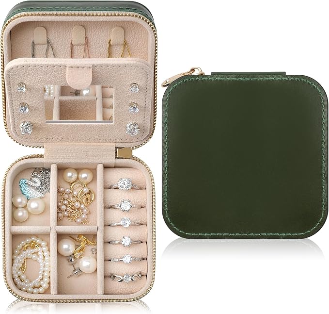 Genuine Leather Travel Jewelry Case Organizer with Mirror for Women, Small Jewelry Box Portable Mini Jewelry Case for Earring, Ring, Necklace, Bracelet（Green）