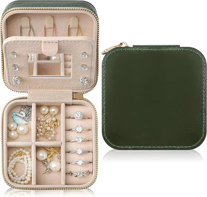 Genuine Leather Travel Jewelry Case Organizer with Mirror for Women, Small Jewelry Box Portable Mini Jewelry Case for Earring, Ring, Necklace, Bracelet（Green）
