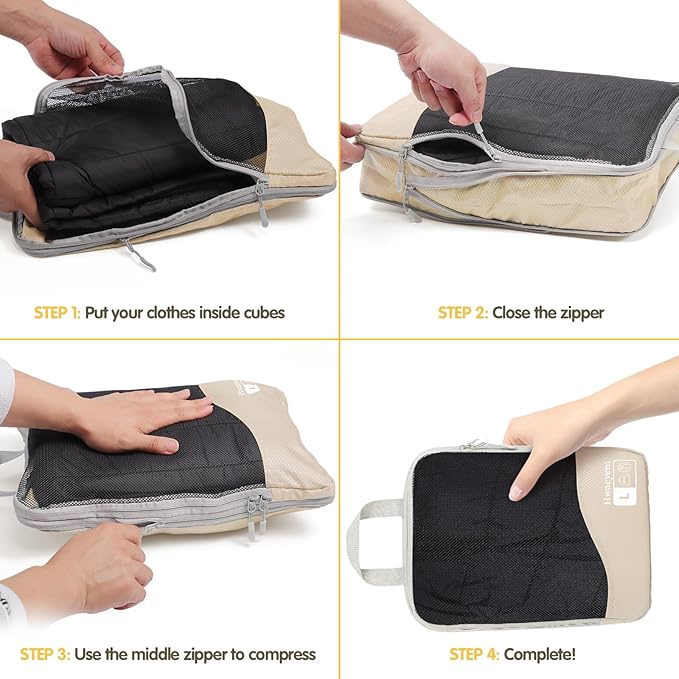 Compression Packing Cubes 8 Set, Dual Zipper Compression Packing Cubes for Travel, See-Through Mesh Packing Bags for Suitcases, packing cubes with shoe bag (Beige)