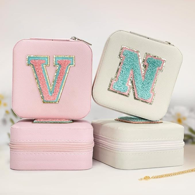 SANDJEST Personalized Jewelry Box, Pink Travel Jewelry Box with Initial V, Small Monogrammed Jewelry Case Organizer for Girls Women Teen Kids, Mini Travel Essentials Gifts for Birthday Christmas