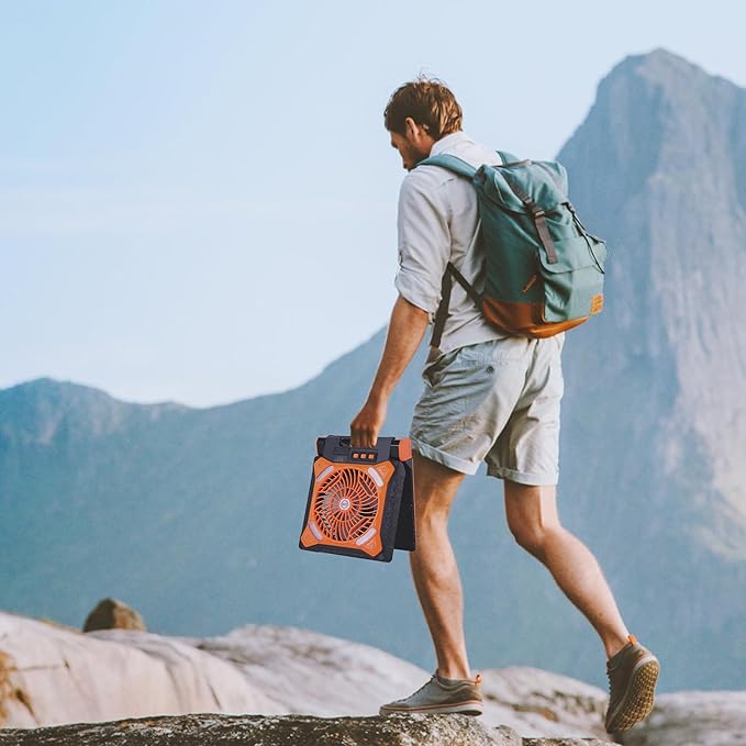 Solar Fan Battery Powered Rechargeable Solar Camping Fan with Led Lantern Power Bank Foldable Angle USB Personal Fans for Travel Outdoor CampingTents camping essentials X98 Orange