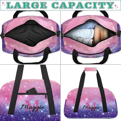 Personalized Kids Sports Duffel Bag with Name Custom Weekender Overnight Bag for Boys Girls Gym Bag Travel Dance Gymnastics Duffel Bag, Pink Purple Glitter