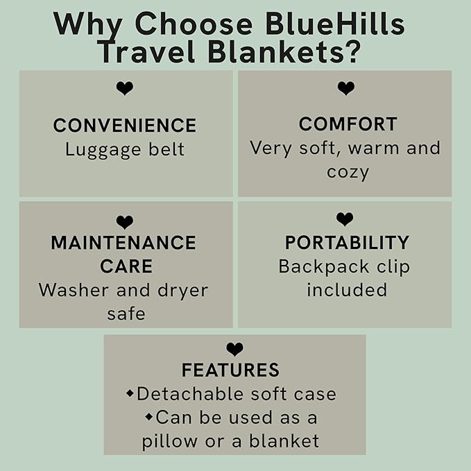 BlueHills Premium Soft Travel Blanket Pillow in Mini Soft Case Plush Airplane Blanket Compact Pack with Luggage Belt and Backpack Clip Long Flights Essentials Navy Blue M04