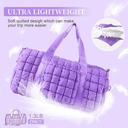 Quilted Travel Duffle Bag Gym Bag for Women,Large Puffer Duffle Weekender Bag with Compartment,Workout Overnight Carry on Organizer Bag Duffle Bag for Airplane Travel(Purple)