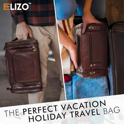 ELIZO Genuine Leather Toiletry Bag for Men Mens Toiletry Bags for Traveling Waterproof Hanging Leather Dopp Kit w/Hook Extra largeToiletry Bag Travel Organizer for Toiletries
