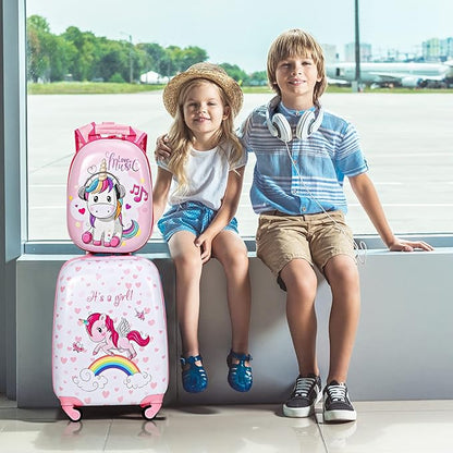 BABY JOY 2 Pcs Kids Luggage Set, 16" Carry-on Luggage Trolley Case & 12" Backpack w/Rolling Wheels, Retractable Handle, Lightweight Airline-approved Design, Kids Suitcase for Girls Boys (Pink Pony)