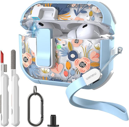 WENEW for AirPods Pro 3 Case (2025) Cover Secure Lock Automatic Snap Switch Clip Cleaner Kit Lanyard Women Stylish Flower Hard Shell Full Body Front LED Visible (Blue Flower, AirPods Pro 3)