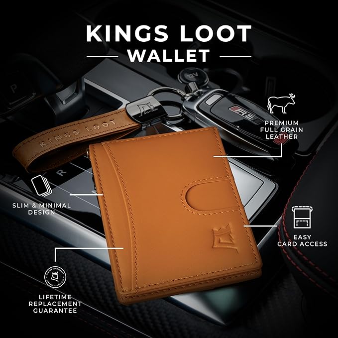 Kings Loot Money Clip Slim Minimalist Wallet for Men – RFID Blocking Leather Design with Money Clip – Front Pocket Bifold Holds 12 Cards – Stylish & Compact Wallets (Cognac/Engraved)