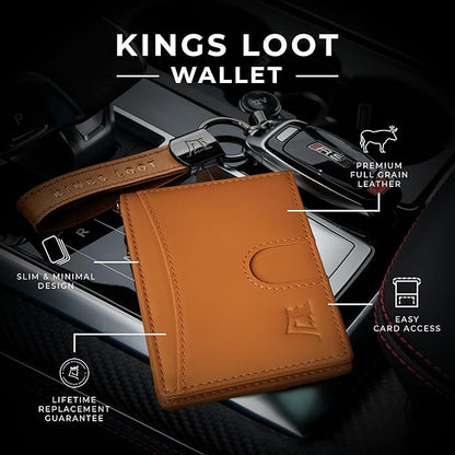 Kings Loot Money Clip Slim Minimalist Wallet for Men – RFID Blocking Leather Design with Money Clip – Front Pocket Bifold Holds 12 Cards – Stylish & Compact Wallets (Cognac/Engraved)
