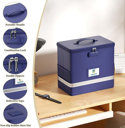Fireproof File Box with Lock, Document Box Storage Organizer, Suitable for Hanging File Folders in Letter Size, Collapsible File Box, Reflective Strip for Fast Find (12.2"*6"*10.2, Blue)