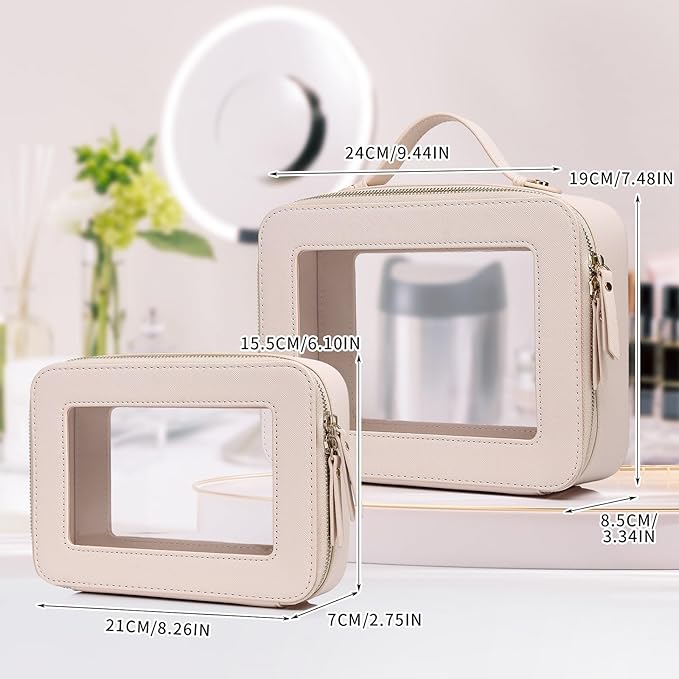 Pinkmik Clear Makeup Bag for Women Waterproof Travel Cosmetics and Toiletries Case Portable Makeup Oaganizer Bag Clear Car Bag with Zipper (Beige, M+L)