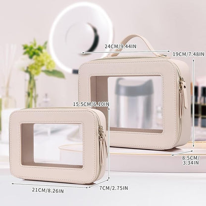 Pinkmik Clear Makeup Bag for Women Waterproof Travel Cosmetics and Toiletries Case Portable Makeup Oaganizer Bag Clear Car Bag with Zipper (Beige, M+L)