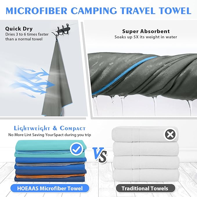 HOEAAS 2 Pack Microfiber Camping Towels, Quick Dry Towel, Super Absorbent Ultra Compact Travel Towel Soft Lightweight Sports Towel for Sweat Fast Drying Towels for Pool,Gym,Hiking,Backpacking,Fitness