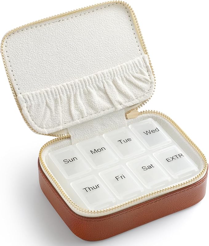 Genuine Leather Travel Pill Organizer Box Case 1 Times a Day for Purse for Women, Cute Medicine Pill Holder Containers for Vitamin Small Weekly Daily 7 Day Am Pm Pill Organizer(Vintage Brown)
