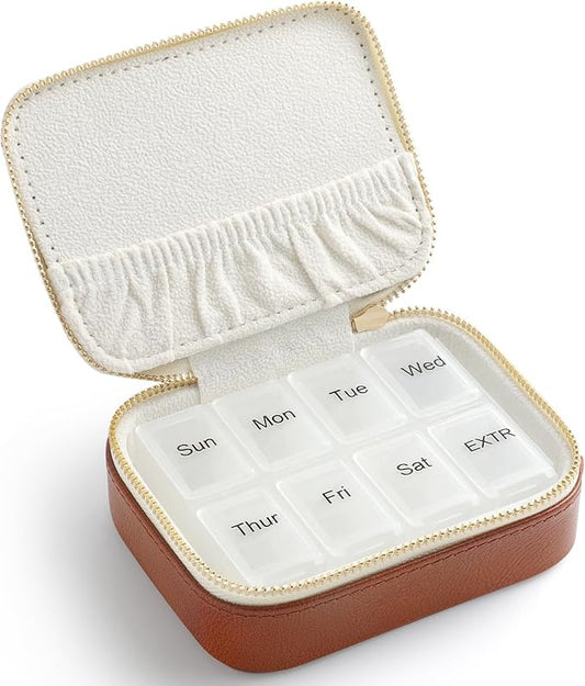 Genuine Leather Travel Pill Organizer Box Case 1 Times a Day for Purse for Women, Cute Medicine Pill Holder Containers for Vitamin Small Weekly Daily 7 Day Am Pm Pill Organizer(Vintage Brown)
