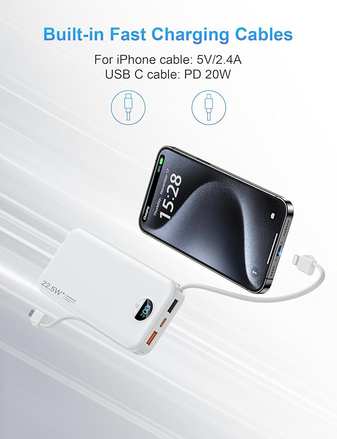 Portable Charger with Wall Plug, 12000mAh USB C Power Bank Fast Charging, External Battery Pack with Built in Cables, Digital Display, 5 Output 4 Input for iPhone Android Cell Phone Tablet