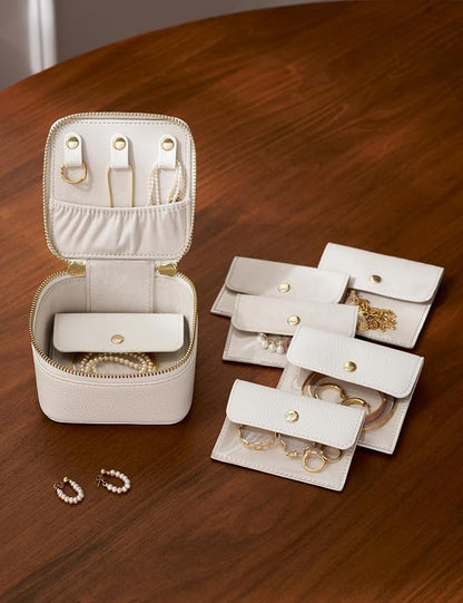 Popvibe Travel Jewelry Case Organizer Small Jewelry Box for Women with 6 Jewelry Mini Pouch, Portable Traveling Jewelry Holder Bag for Earring Necklace, White
