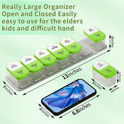 Daviky Large Weekly Pill Organizer 2 Times a Day, Extra Large Travel Pill Box 7 Day, Am Pm Twice Daily Pill Case, Pill Holder Container for Vitamin, Medicine, Supplement, Fish Oil, BPA Free, Green