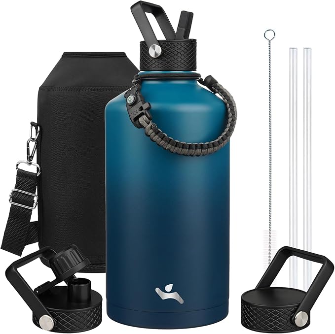 Gallon Insulated Water Bottle with Straw,128 oz 3 Lids Water Jug with Carrying Bag,Paracord Handle, Double Wall Vacuum Stainless Steel Metal Flask,Indigo Black