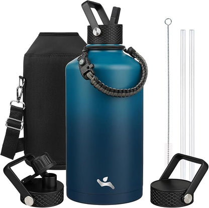 Gallon Insulated Water Bottle with Straw,128 oz 3 Lids Water Jug with Carrying Bag,Paracord Handle, Double Wall Vacuum Stainless Steel Metal Flask,Indigo Black