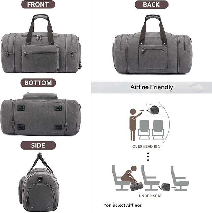 Sucipi Canvas Travel Duffel Bag for Men, Weekend Overnight Bag with Shoe Compartment and Toiletry Bag, Carry-On for Airplanes, Graphite Grey