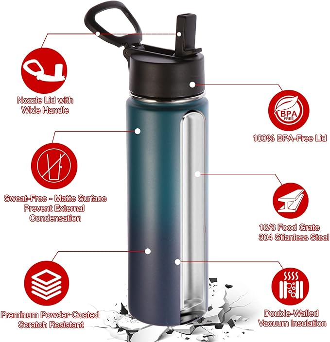 Volhoply 24oz Insulated Water Bottle With Straw Bulk 3 Pack,Metal Wide Mouth Water Bottles With Handle Keep Cold,Reusable Double Wall Cups,Powder Coated Sport Bottle For Holder(Dark Night,3 Count)