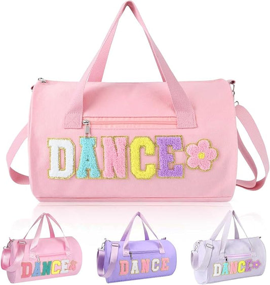 Dance Bag for Girls, KUIRAN 23L Travel Duffel Bag with Colorful Chenille Letter, Lightweight Small Gym Sport Ballet Weekender Bag with Large Main Compartment - Pink/Flower