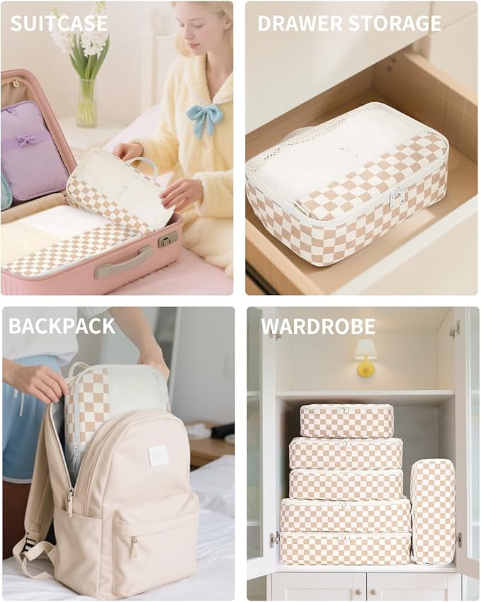 Narwey 7 Set Checkered Packing Cubes for Travel Carry on Suitcase Luggage Organizer Bags for Kids Women Men, Durable Packing Organizers Bag, Travel Essentials Accessories (Light Checkerboard)