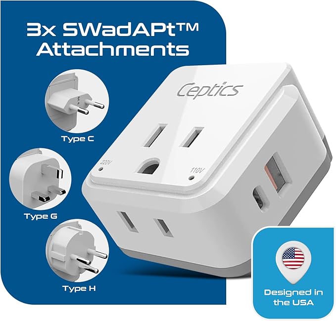 Ceptics Israel, Jordan Power Plug Adapter Travel, 20W PD & QC, Safe Dual USB & USB-C 3.1A -2 USA Socket - Use in Jerusalem, Palestine, UAE - Includes Type H, Type C, Type G Swadapt Attachments