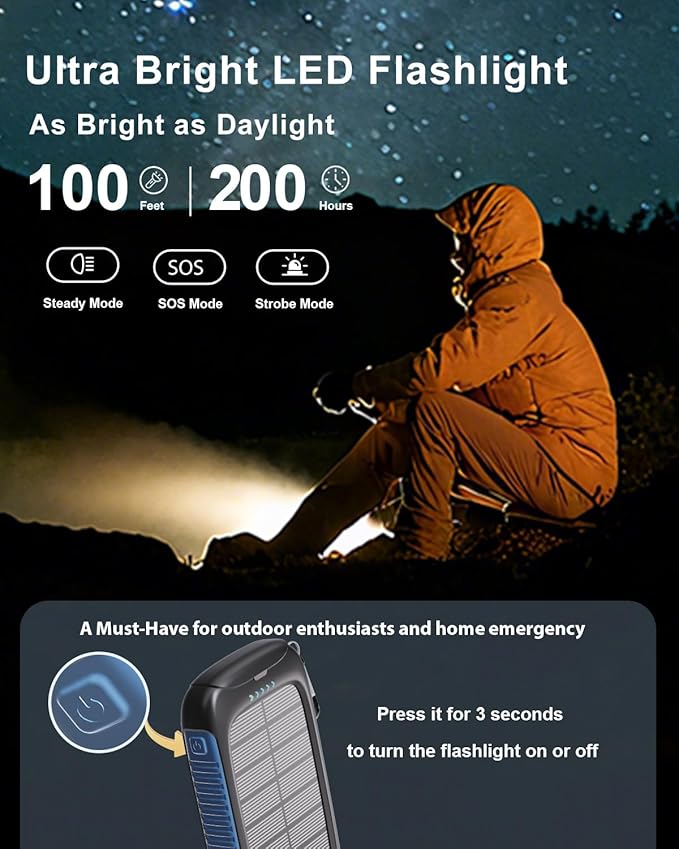 solar power bank, 20000mAh portable charger 5V/3A Fast Charging with USB-A and USB-C Ports battery bank Compatible with iPhone,Samsung,Waterproof,Emergency LED Flashlights for Camping, Hiking,Outdoor