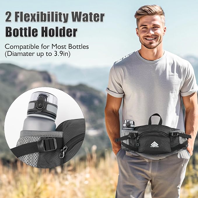 Fanny Pack Waist Bag with Water Bottle Holder for Men Women Running Hiking Travel Dog Walking Workout Cycling Outdoor (Black)