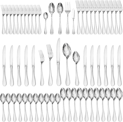 KINGSTONE 65 Piece Teardrop Silverware Set With Serving Utensils, 18/10 Stainless Steel Flatware Set, Modern Design Cutlery Set for Home/Hotel/Wedding,Mirror Polished and Dishwasher Safe