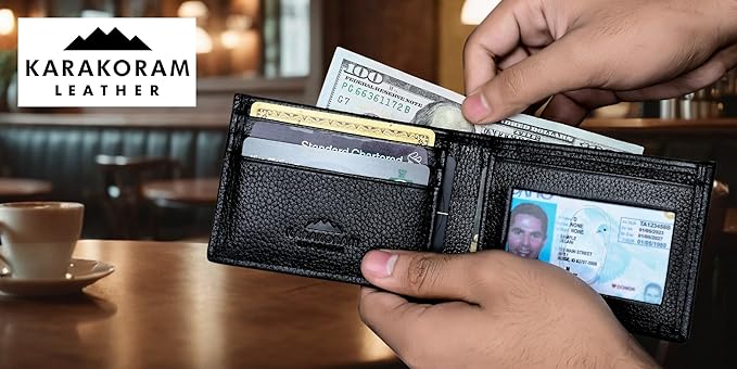 KARAKORAM LEATHER Artisan Made Premium Cowhide Leather Slim BiFold Wallet for Men | RFID Blocking Front Pocket Everyday Carry | Fits 12-14 Cards with 2 External Quick Access Slots (Midnight Black)