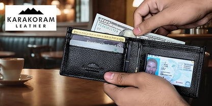 KARAKORAM LEATHER Artisan Made Premium Cowhide Leather Slim BiFold Wallet for Men | RFID Blocking Front Pocket Everyday Carry | Fits 12-14 Cards with 2 External Quick Access Slots (Midnight Black)