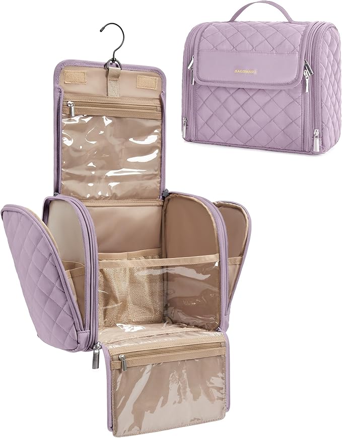 BAGSMART Travel Toiletry Bag, Large Capacity Cosmetic Bags for Women with Hanging Hook, Water-resistant for Toiletries Accessories Brushes Sponge, With Handle