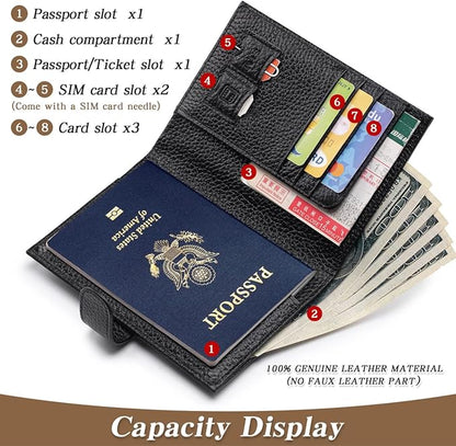 Passport Holder for Travel Women RFID Blocking Genuine Leather Passport Wallet with Card Slots, Zipper Coins Pocket, Cash Holder, Black
