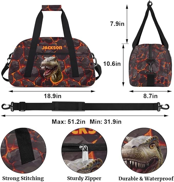 Personalized Duffel Bag for Kids Girls Boys, Scary Dinosaur Custom Name Gym Bag Overnight with Padded Handles Carry On Weekend Sports Travel Bag for School Practice Gymnastics Ballet