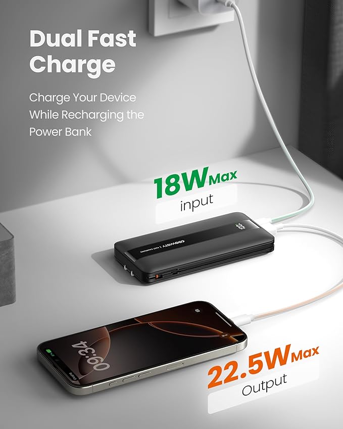 Portable Charger with Wall Plug, Fast Charging Power Bank Built-in Cables, Slim 10500mAh 22.5W 4 Outputs 3 Inputs LED Display External Battery Pack Compatible with iPhone/Android (Black)
